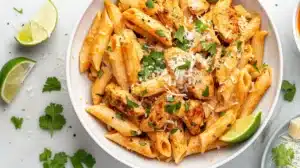 Creamy chipotle chicken pasta in a white bowl with cilantro, parmesan, and lime wedges