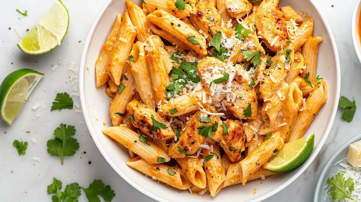 Creamy chipotle chicken pasta in a white bowl with cilantro, parmesan, and lime wedges