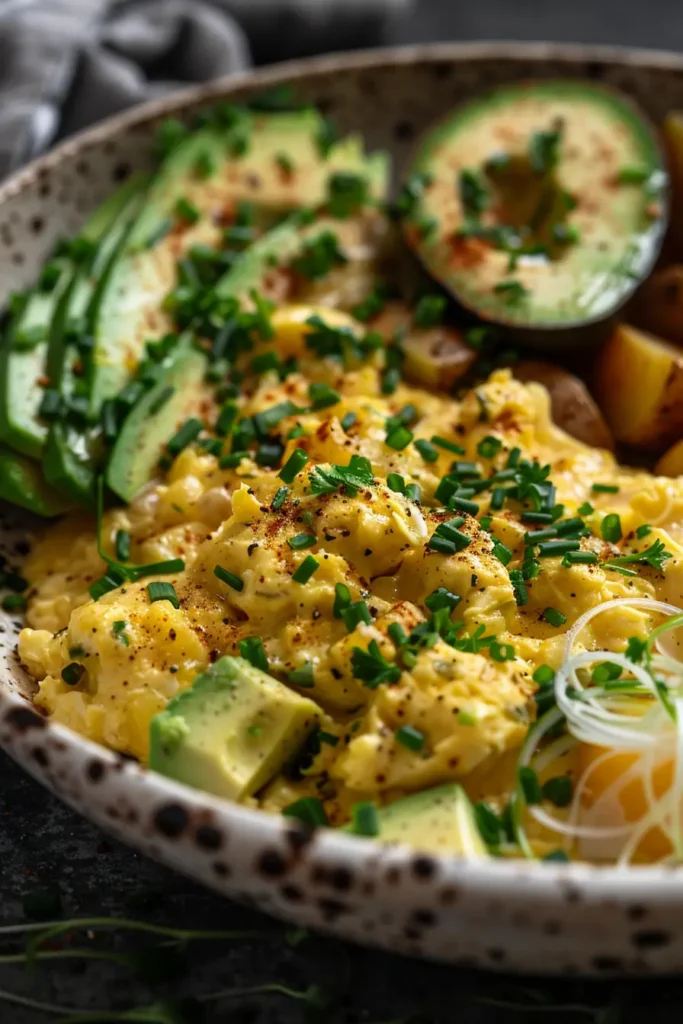 Close-up bowl of creamy scrambled Duck Egg Recipes with avocado and chives.
