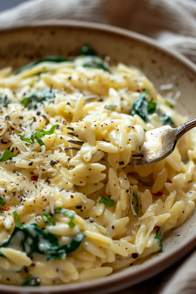 Overhead view of garlic parmesan orzo with spinach and parsley in a white bowl on a marble surface.