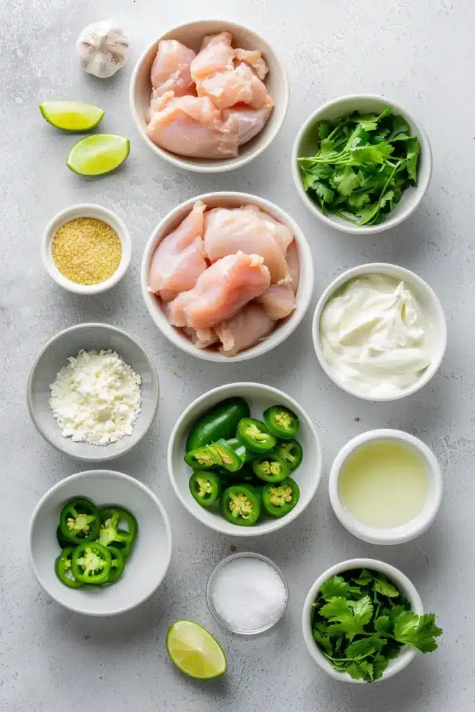 “Creamy jalapeño chicken ingredients” laid out in small bowls on a light countertop, including raw chicken pieces, sliced jalapeños, fresh cilantro, lime wedges, sour cream, grated cheese, garlic, salt, and seasonings.