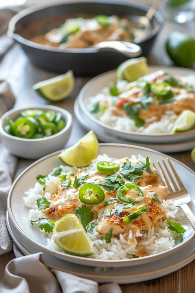 Plate of creamy jalapeño chicken served over white rice with lime wedges and fresh cilantro, with an extra plate, skillet, and a small bowl of sliced jalapeños in the background on a cozy dinner table.