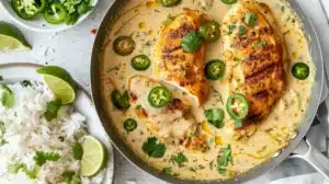 Golden seared chicken breasts simmering in a creamy jalapeño sauce, topped with jalapeño slices and cilantro, served in a skillet next to a bowl of white rice with lime wedges.