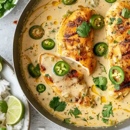 Golden seared chicken breasts simmering in a creamy jalapeño sauce, topped with jalapeño slices and cilantro, served in a skillet next to a bowl of white rice with lime wedges.