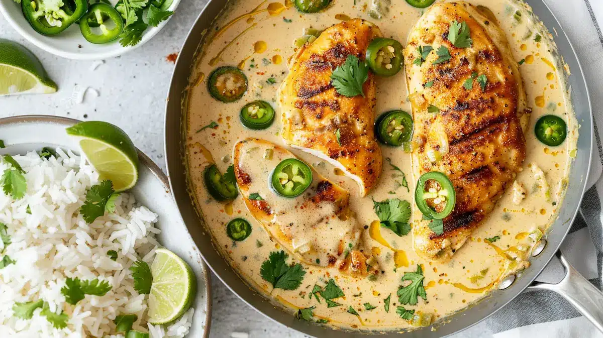 Golden seared chicken breasts simmering in a creamy jalapeño sauce, topped with jalapeño slices and cilantro, served in a skillet next to a bowl of white rice with lime wedges.