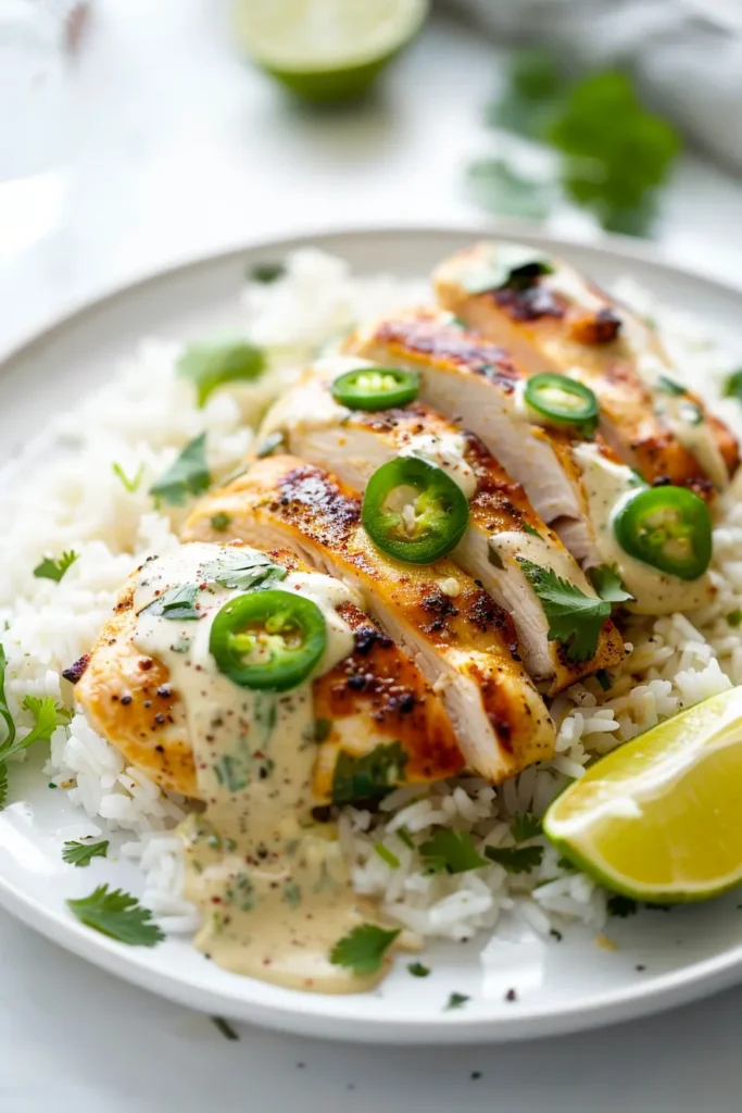 Sliced creamy jalapeño chicken breast arranged over white rice, drizzled with jalapeño cream sauce and topped with fresh jalapeño slices, cilantro, and a lime wedge on the side.
