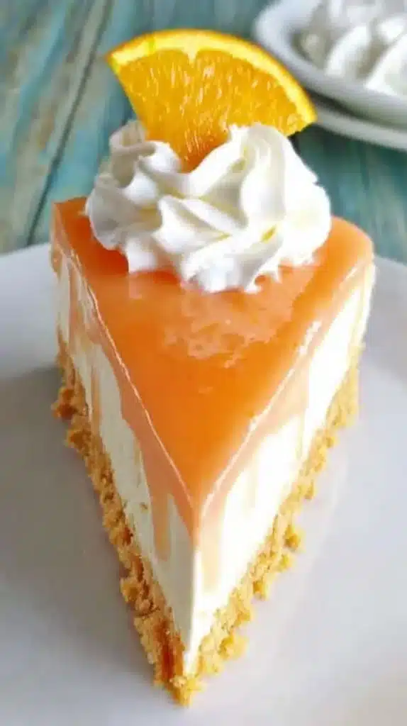 Orange Cream Cheesecake Recipe: Easy No-Bake Layers 4 Triangular slice of orange-topped cheesecake on graham crust with whipped cream and an orange wedge