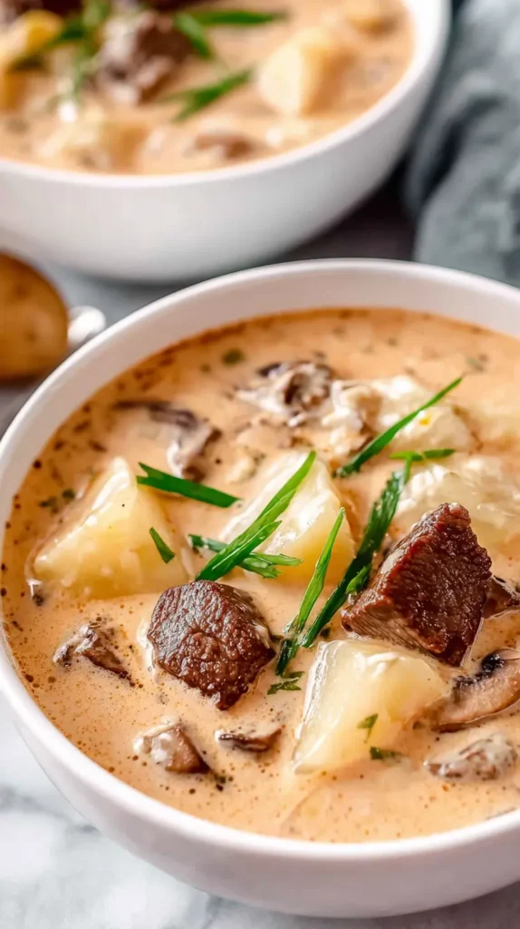 Creamy Steak and Potato Soup: Hearty & Amazing in a white bowl with tender beef cubes, potato chunks, and fresh chives.