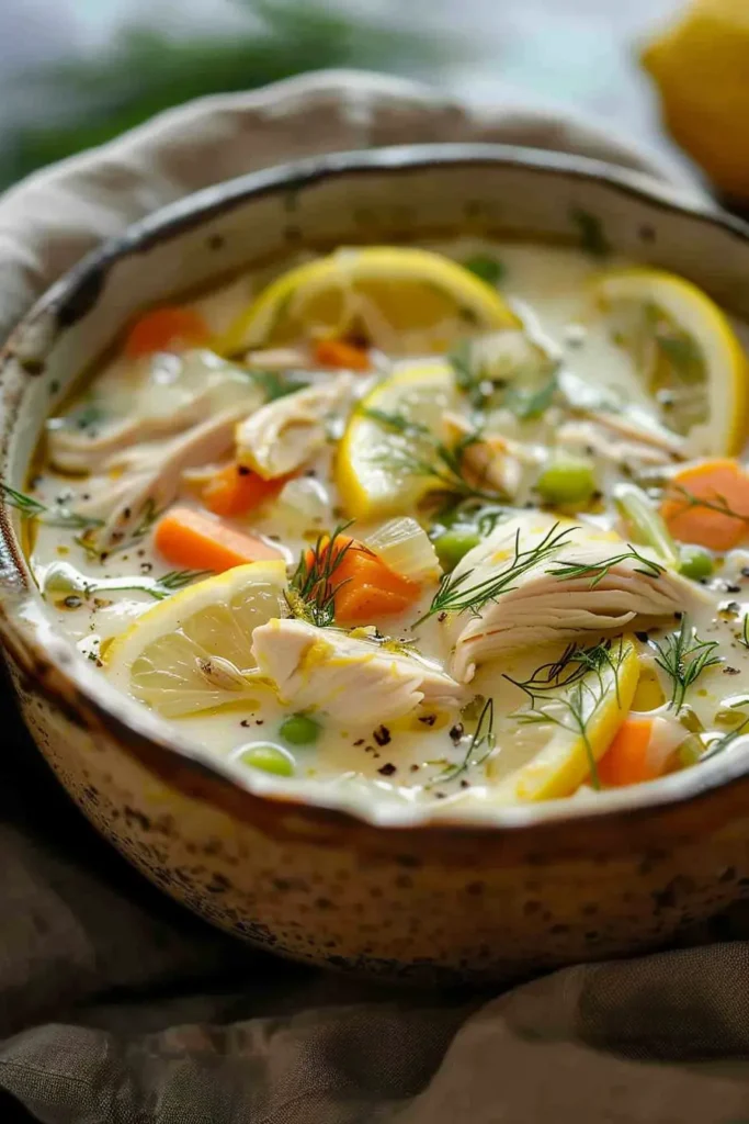 Creamy lemon chicken soup in a rustic bowl with lemon slices, carrots, peas, and dill.