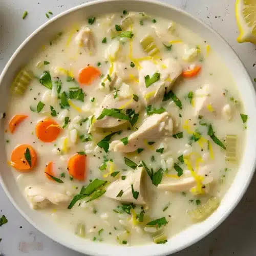 Creamy lemon chicken soup with rice, carrots, celery, and chicken in a white bowl.