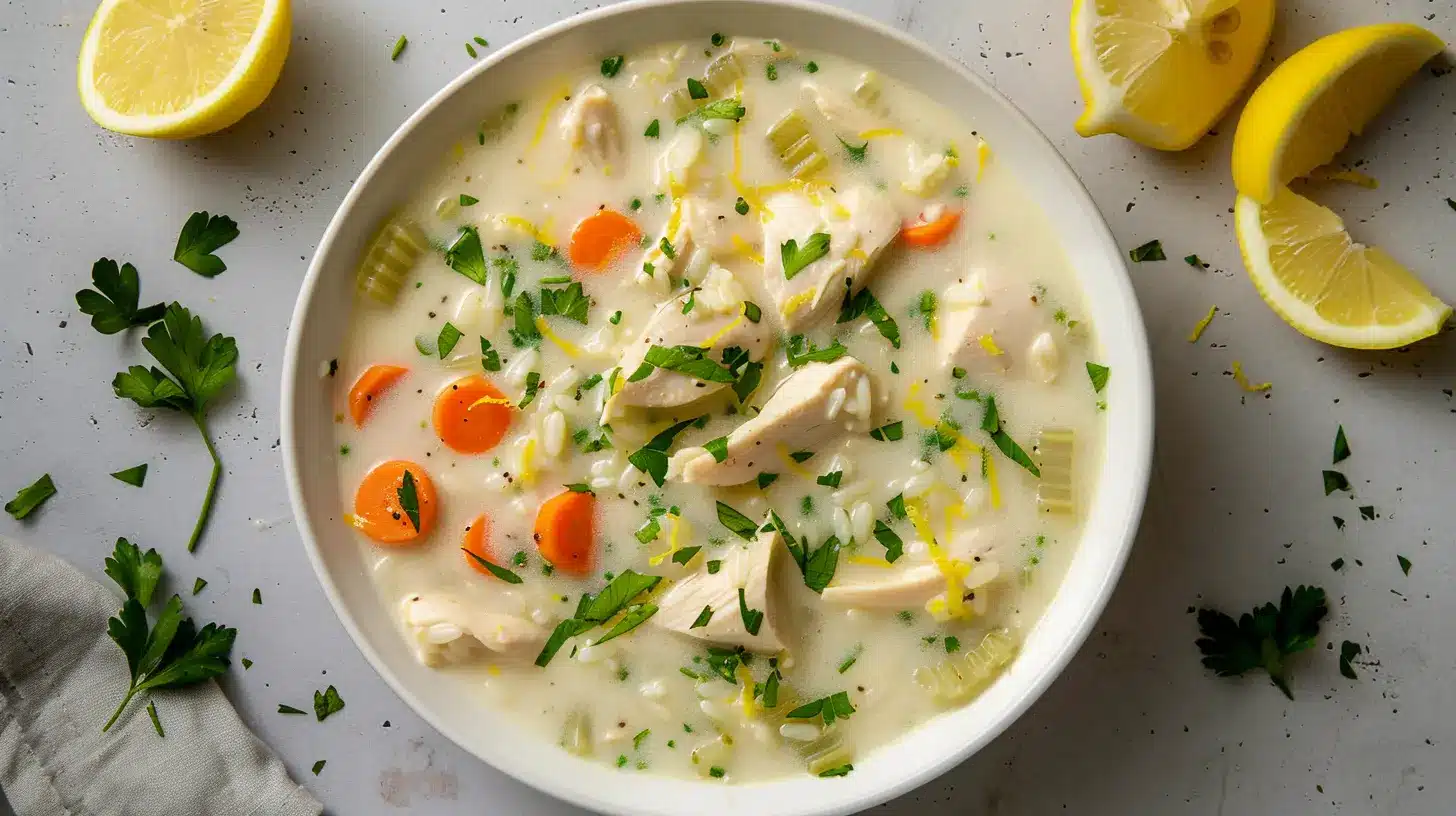 Creamy lemon chicken soup with rice, carrots, celery, and chicken in a white bowl.