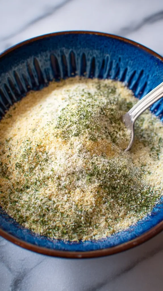 Imperial Chicken Recipe: Easy With Crispy Crust 3 Seasoned breadcrumb and Parmesan mixture in a blue bowl for Imperial Chicken.