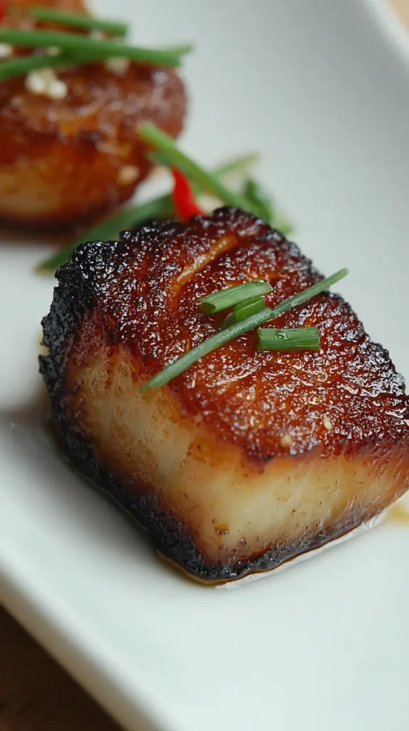 caramelized miso black cod fillet with charred edges and scallion garnish on a white plate
