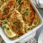 Crispy Parmesan Chicken Bake in a Dish with Garlic Butter Spaghetti