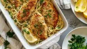 Baking dish filled with garlic butter spaghetti topped with crispy parmesan chicken breasts, garnished with parsley and lemon wedges.
