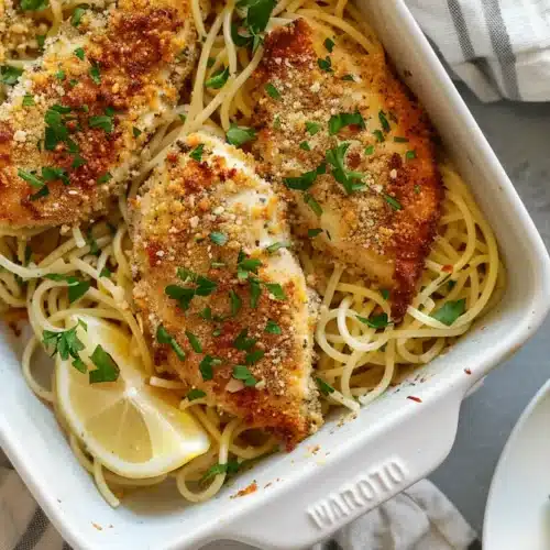 Baking dish filled with garlic butter spaghetti topped with crispy parmesan chicken breasts, garnished with parsley and lemon wedges.