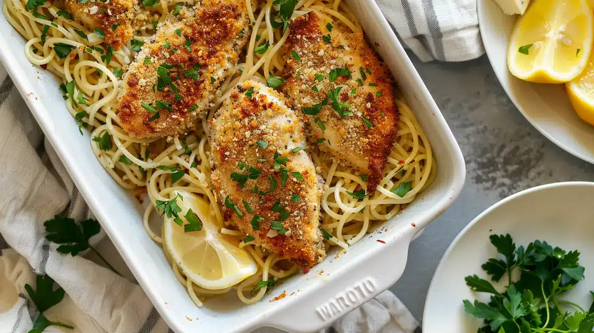 Baking dish filled with garlic butter spaghetti topped with crispy parmesan chicken breasts, garnished with parsley and lemon wedges.
