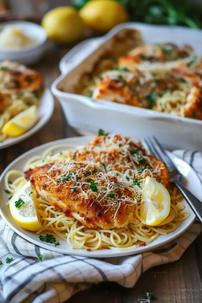 Plate of crispy parmesan chicken bake served over spaghetti with lemon wedges, with a baking dish of more parmesan chicken and pasta blurred in the background.