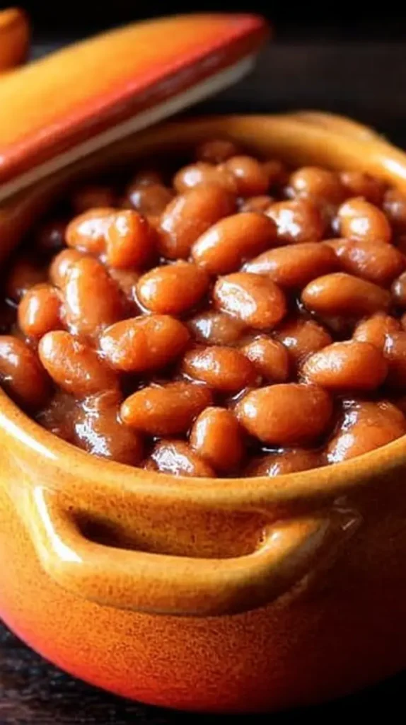 Crock of low sodium baked beans with glossy brown sauce, ready to serve.