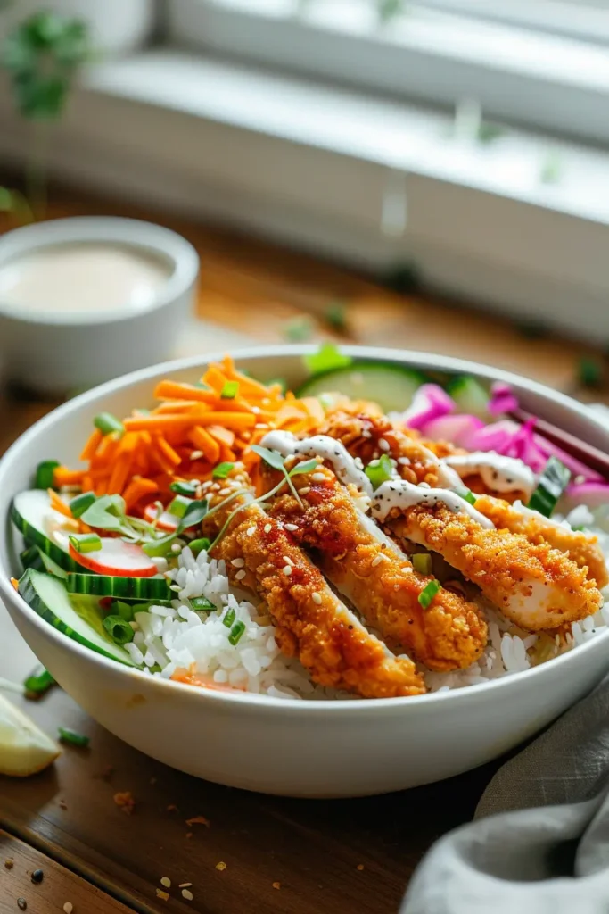 Crunchy chicken rice bowl with sliced crispy chicken, rice, cucumbers, carrots, and sauce in a white bowl by a window.