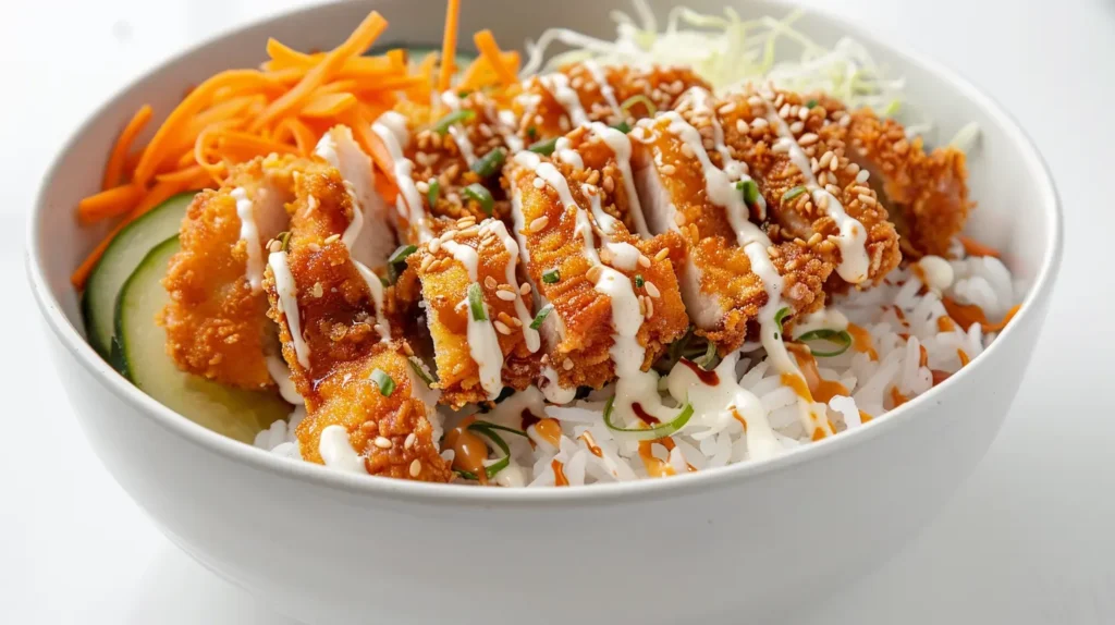 Crunchy chicken rice bowl with crispy breaded chicken, carrots, cucumber, and creamy sauce over white rice.
