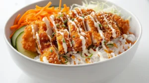 Crunchy chicken rice bowl with crispy breaded chicken, carrots, cucumber, and creamy sauce over white rice.