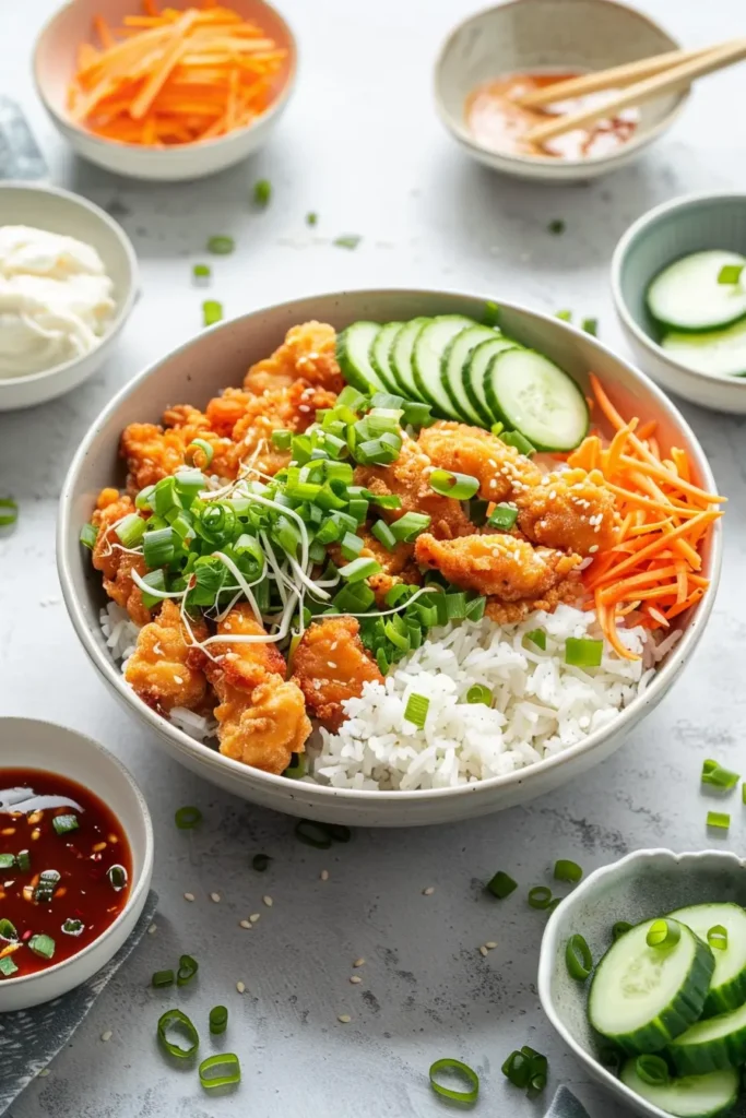 Crunchy chicken rice bowl with crispy chicken, sliced cucumbers, shredded carrots, green onions, and white rice, with sauces in small bowls around it.