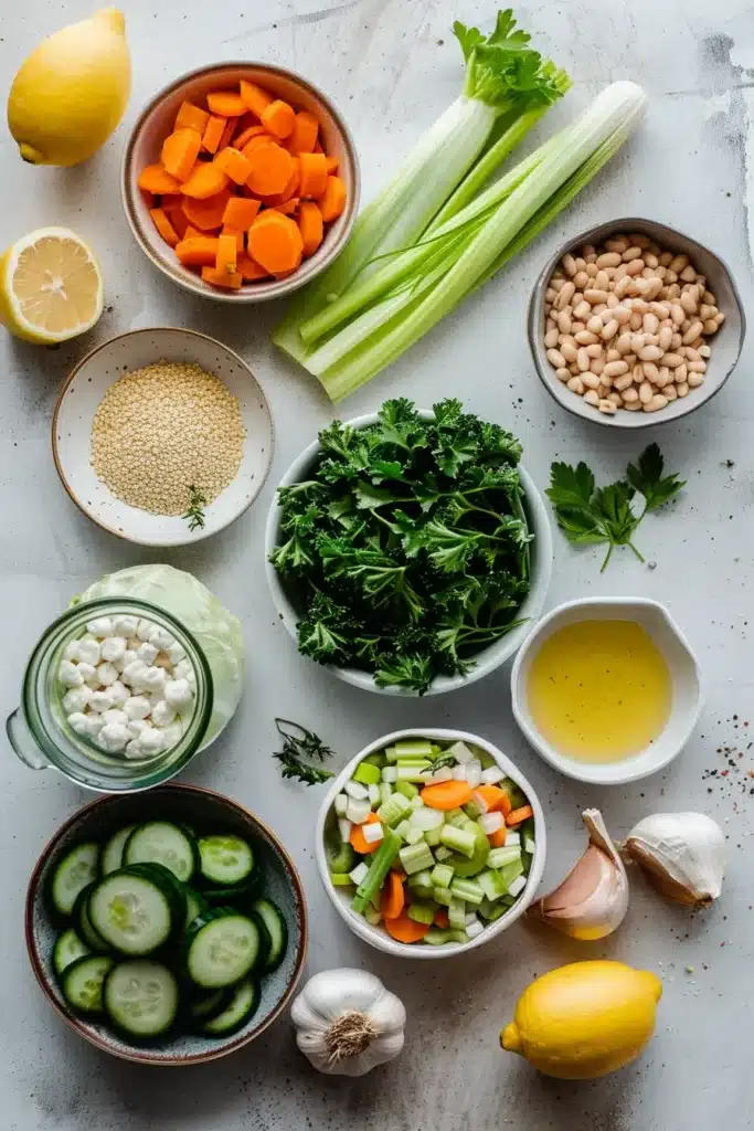Flatlay of detox vegetable soup ingredients on a light surface, including carrots, celery, white beans, quinoa, cabbage, cucumber, leafy herbs, garlic, lemon and olive oil in small bowls.