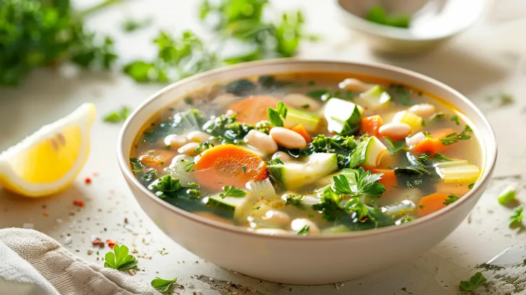 Detox vegetable soup in a white bowl, filled with carrots, celery, zucchini, white beans and leafy greens in a clear broth, with lemon wedge and herbs on a light table.