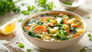 Detox vegetable soup in a white bowl, filled with carrots, celery, zucchini, white beans and leafy greens in a clear broth, with lemon wedge and herbs on a light table.