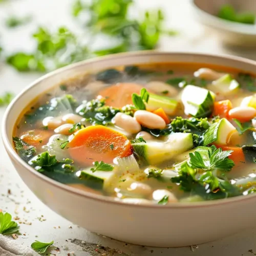 Detox vegetable soup in a white bowl, filled with carrots, celery, zucchini, white beans and leafy greens in a clear broth, with lemon wedge and herbs on a light table.