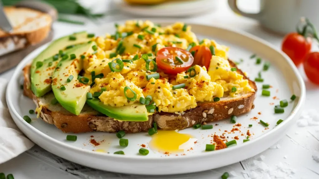 Plate of avocado toast topped with scrambled eggs, chives, and cherry tomatoes.
