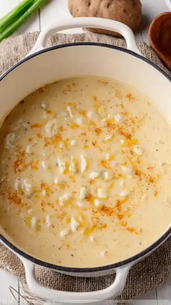 Baked Potato Soup Using Hash Browns: Easy & Amazing simmering in a Dutch oven with tender potato bites.