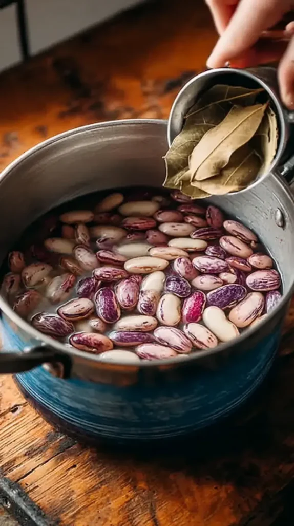 Easy Anasazi Beans Recipe for Amazing Flavor 4 Anasazi beans soaking in a pot of water while a hand adds bay leaves, the first step in an easy Anasazi beans recipe for amazing flavor.