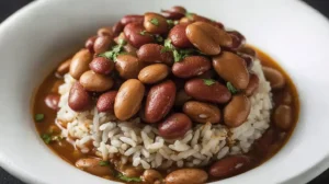 Bowl of cooked Anasazi beans spooned over a mound of white rice with a bit of broth and fresh herbs on top.