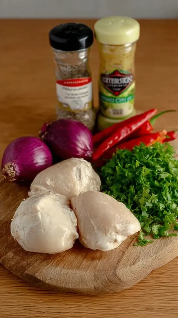 Ingredients for easy chicken salad no celery including cooked chicken breasts, red onions, fresh parsley, red chili peppers, and seasoning jars on a wooden board.