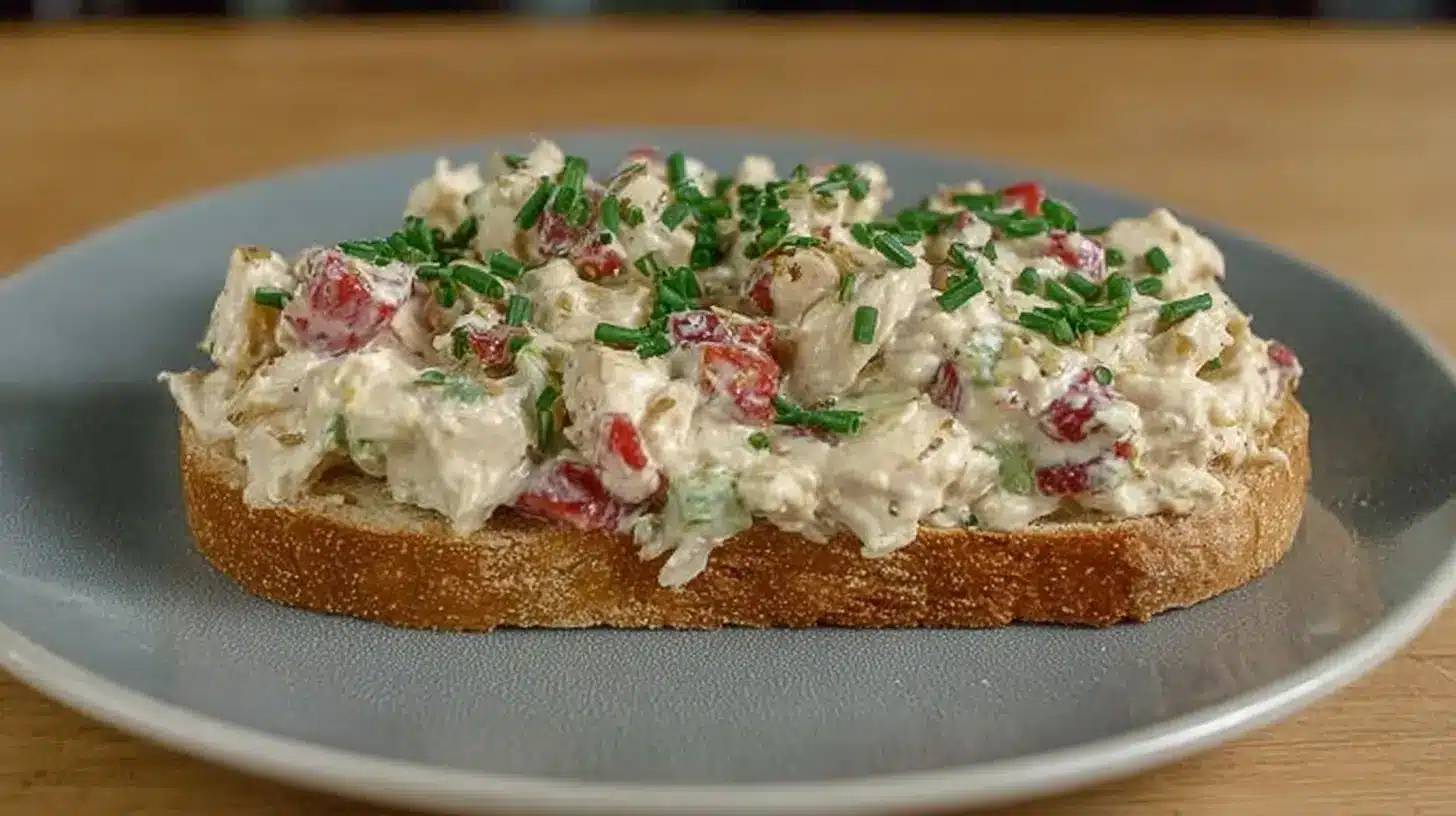 Side view of an open-faced easy chicken salad no celery sandwich on rustic bread, garnished with chopped chives.