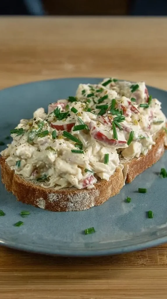 Close-up of easy chicken salad no celery piled on a slice of crusty bread and topped with chopped chives.