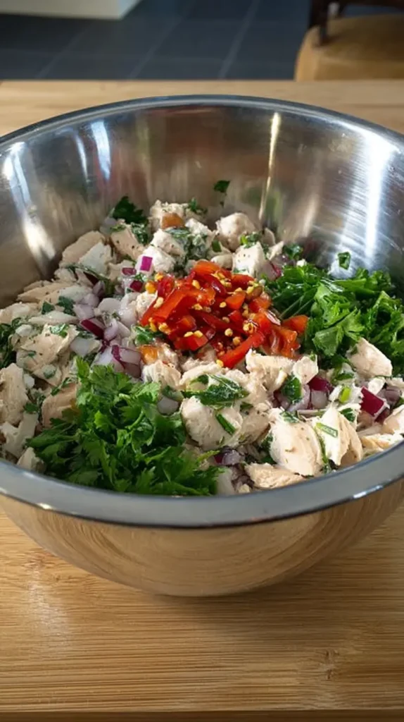 Easy chicken salad no celery being mixed in a stainless steel bowl with chopped chicken, red onion, fresh parsley, and diced red chili peppers.