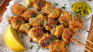 Platter of Chicken Spiedini skewers with lemon wedges and a bowl of lemon herb butter.