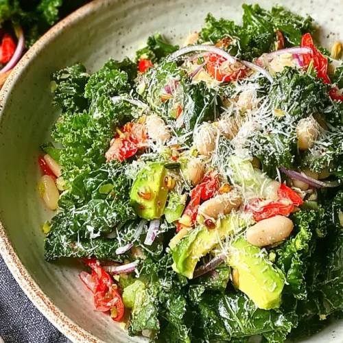Bowl of kale and white bean salad with avocado, sun-dried tomatoes, and parmesan, served on a light plate with a fork on the side.