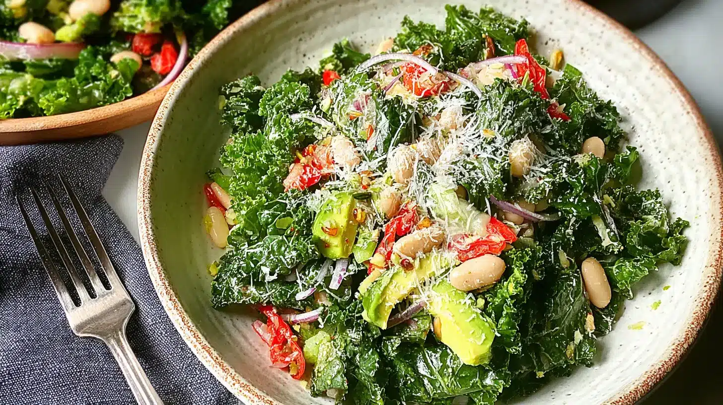 Bowl of kale and white bean salad with avocado, sun-dried tomatoes, and parmesan, served on a light plate with a fork on the side.