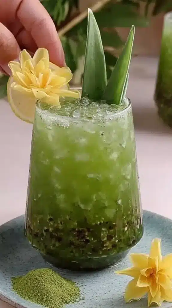 Easy Matcha Mocktail garnished with lemon slice, yellow flower, and pineapple leaves