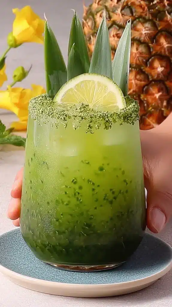 Easy Matcha Mocktail in a glass with matcha-sugar rim, lime slice, and pineapple leaves