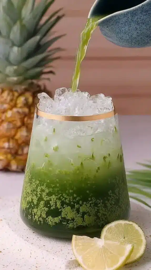 Easy Matcha Mocktail being poured over a glass of crushed ice with lime slices