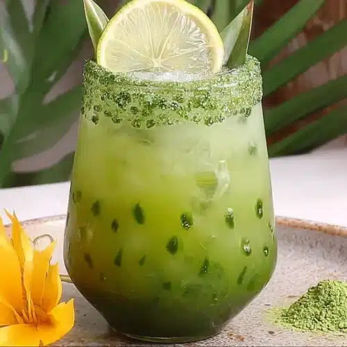 Easy Matcha Mocktail in a glass with sugared matcha rim and lemon slice