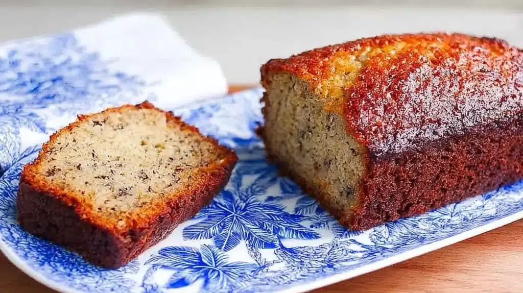 Easy Maui banana bread recipe: a glossy, moist loaf with one thick slice on a blue tropical plate.