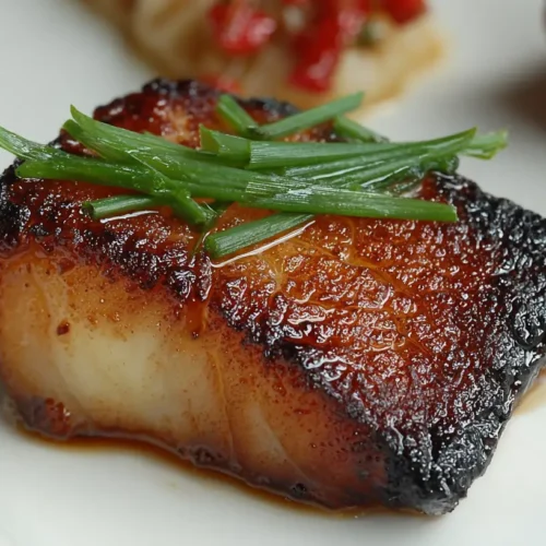 close-up of caramelized miso black cod fillet with charred edges and scallion garnish on a white plate