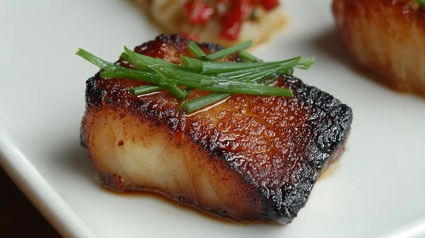 close-up of caramelized miso black cod fillet with charred edges and scallion garnish on a white plate