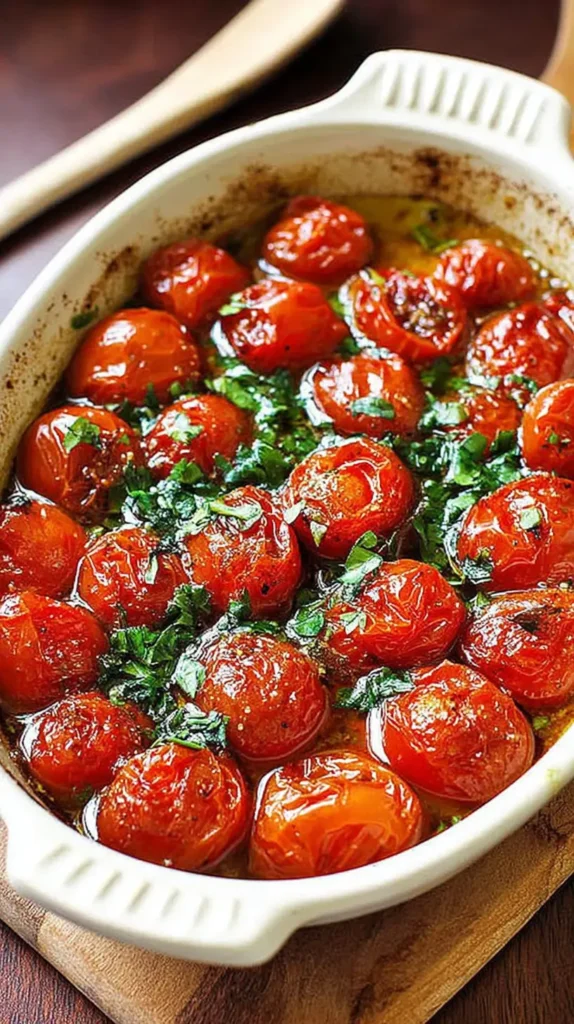 Easy Cherry Tomatoes Recipes: Roasted to Perfection 2 close-up vertical shot of Cherry Tomatoes Recipes in a white baking dish, blistered and glossy in olive oil with garlic and chopped parsley